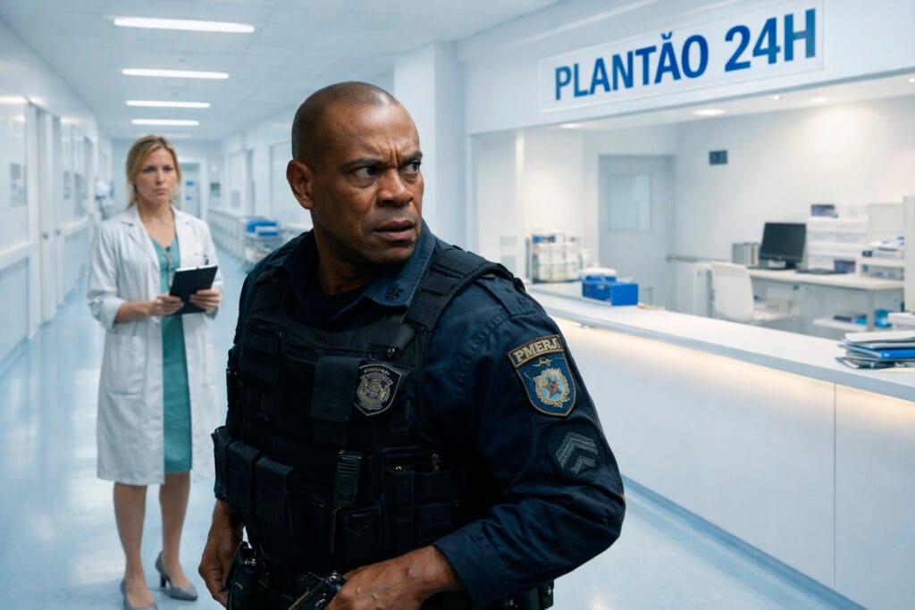 Policial militar da PMERJ em hospital público durante plantão 24h observa com tensão enquanto enfermeira acompanha ao fundo em ambiente clínico
