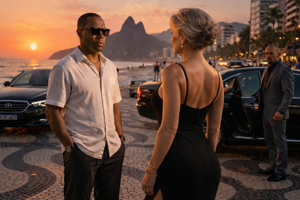 Robert e Dona Margareth cercados por sedãs pretos no calçadão do Arpoador ao pôr do sol, com o Morro Dois Irmãos ao fundo.