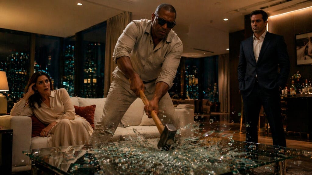 Fotografia fotorrealista de Robert segurando uma marreta em uma cobertura luxuosa com mesa de vidro estilhaçada, enquanto Elena e Maurício o olham aterrorizados sob o reflexo de luzes de polícia.