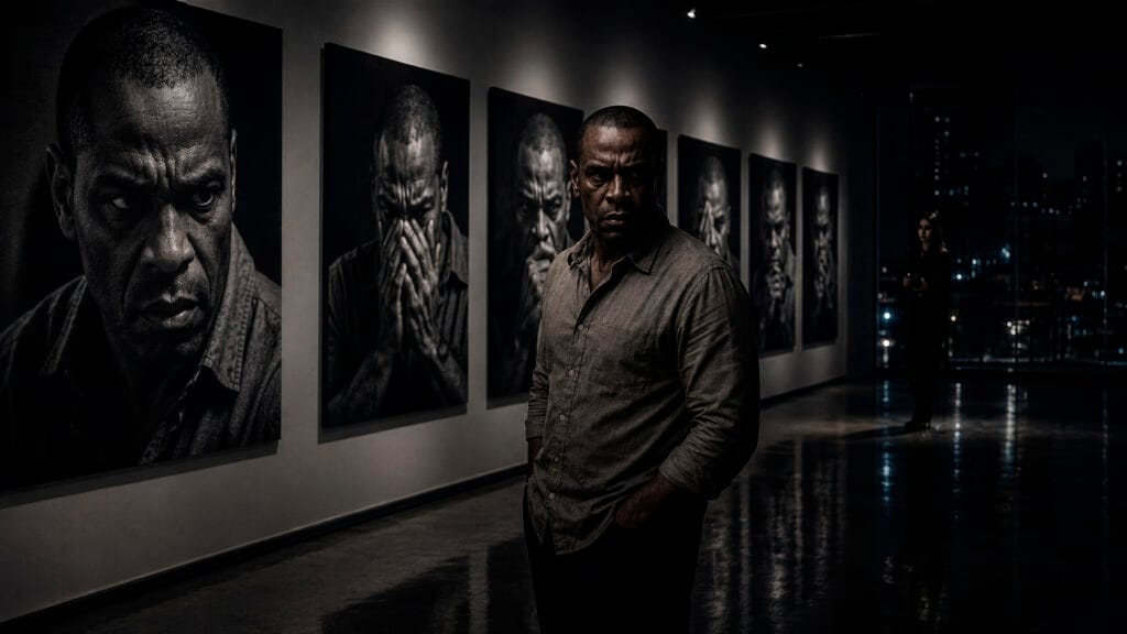 Homem tenso em uma galeria de arte escura observando retratos dramáticos em preto e branco, enquanto uma mulher misteriosa o observa das sombras ao fundo.