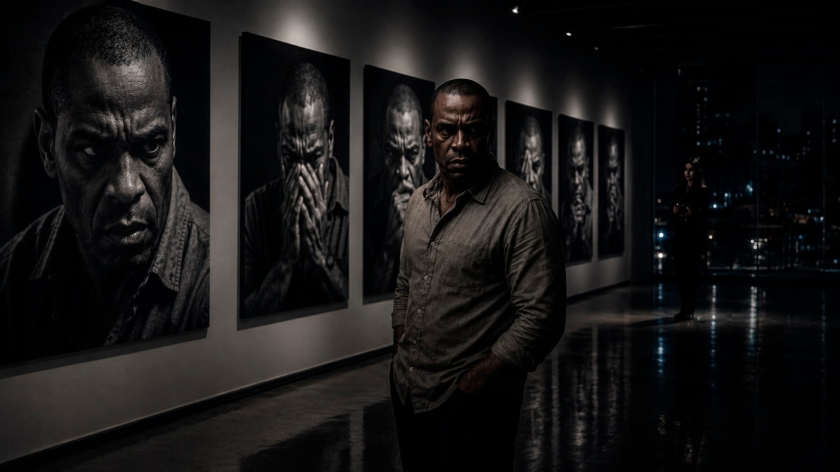 Homem tenso em uma galeria de arte escura observando retratos dramáticos em preto e branco, enquanto uma mulher misteriosa o observa das sombras ao fundo.