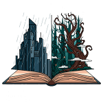 Ícone de um livro aberto, com um cenário de cidade noir saindo de uma página e uma floresta de terror saindo da outra, em estilo line art colorido.